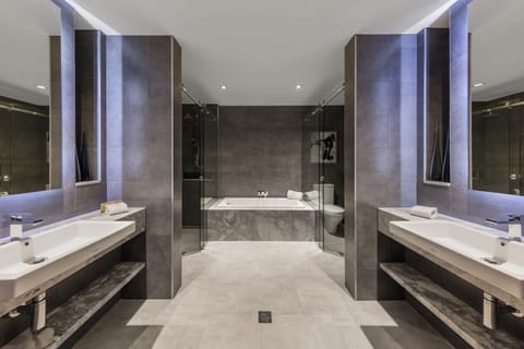 JG Suite | Bathroom | Hydromassage showerhead, designer toiletries, hair dryer, bathrobes