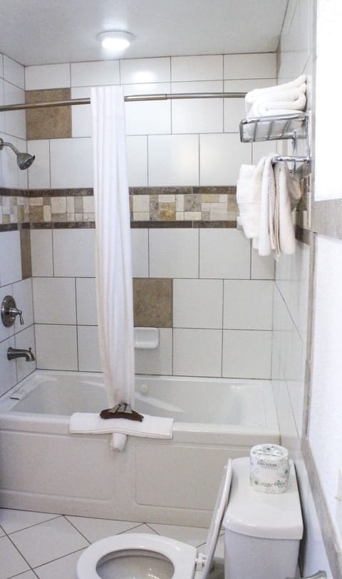 Combined shower/tub, free toiletries, hair dryer, towels