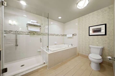 Combined shower/tub, free toiletries, towels