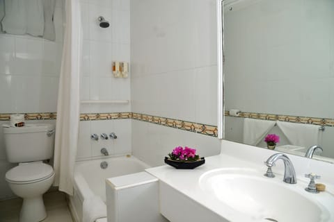 Combined shower/tub, free toiletries, hair dryer, towels