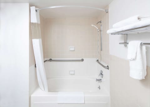 Combined shower/tub, free toiletries, hair dryer, towels