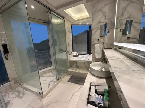 Sky Suite | Bathroom | Shower, rainfall showerhead, hair dryer, towels