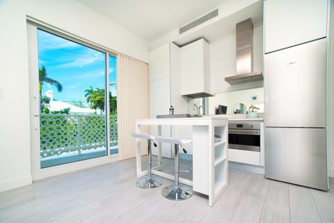 Luxury Studio, 1 Queen Bed, Balcony | Private kitchen | Full-size fridge, microwave, oven, stovetop