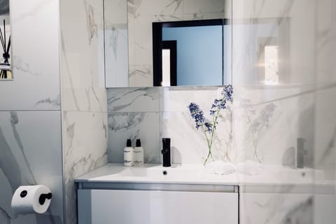 Shower, rainfall showerhead, free toiletries, hair dryer