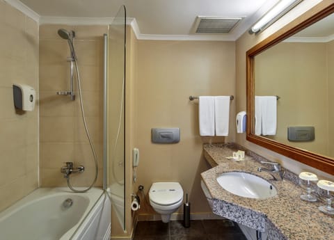 Combined shower/tub, free toiletries, hair dryer, bathrobes