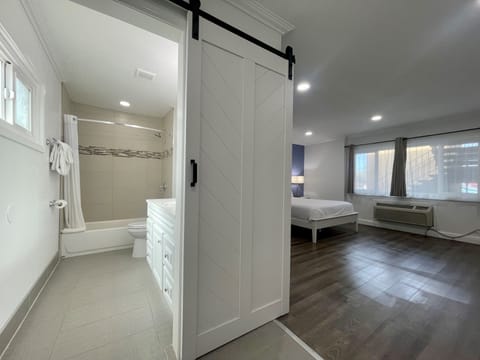 Premium Studio | Bathroom | Combined shower/tub, hydromassage showerhead, hair dryer, towels