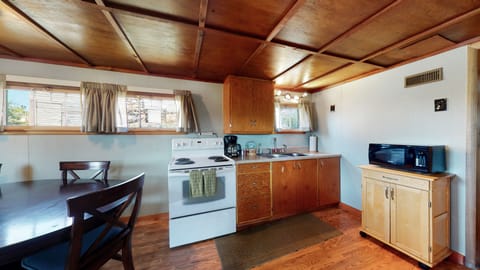 Family Cabin, 2 Bedrooms, Fireplace, Lake View | Private kitchen | Full-size fridge, microwave, oven, stovetop