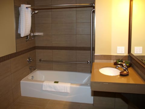 Combined shower/tub, free toiletries, hair dryer, towels