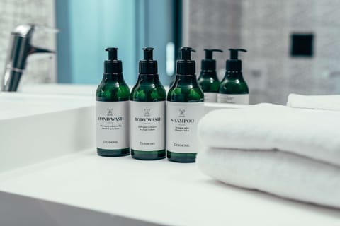 Shower, hydromassage showerhead, eco-friendly toiletries, hair dryer