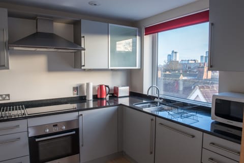 City Apartment | Private kitchen | Full-size fridge, microwave, oven, stovetop