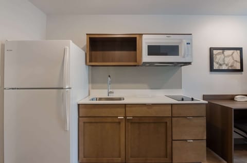 Full-size fridge, microwave, stovetop