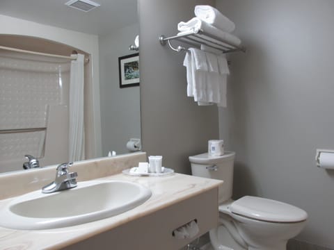 Deluxe Room, 2 Queen Beds | Bathroom | Combined shower/tub, designer toiletries, hair dryer, towels