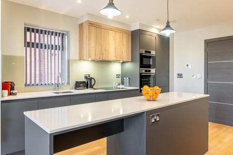 Deluxe Apartment | Private kitchen | Full-size fridge, microwave, oven, stovetop