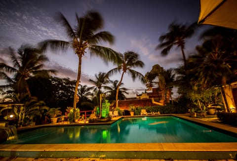 Outdoor pool, pool umbrellas, sun loungers