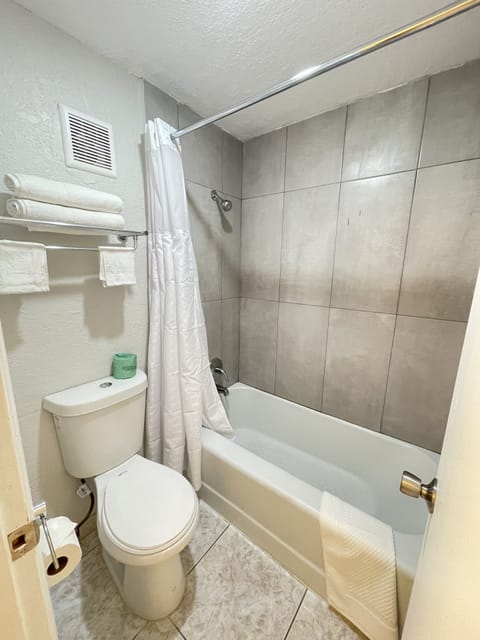 Combined shower/tub, free toiletries, hair dryer, towels