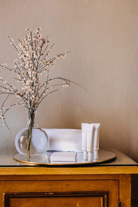 Designer toiletries, hair dryer, slippers, bidet