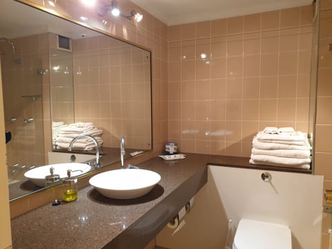 Deluxe King Family (6) Room (No Pets) | Bathroom | Eco-friendly toiletries, hair dryer, towels, soap