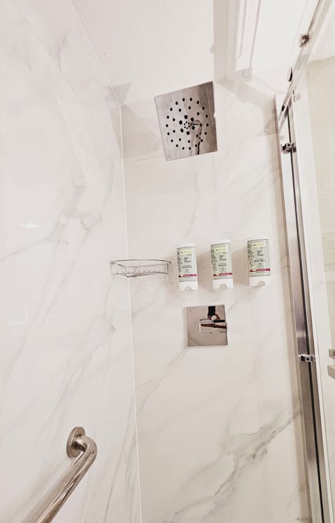 Combined shower/tub, hair dryer, towels