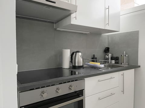 Deluxe Studio | Private kitchen | Full-size fridge, microwave, toaster, cookware/dishes/utensils