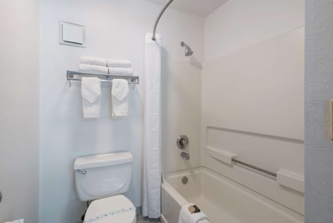 Combined shower/tub, free toiletries, hair dryer, towels