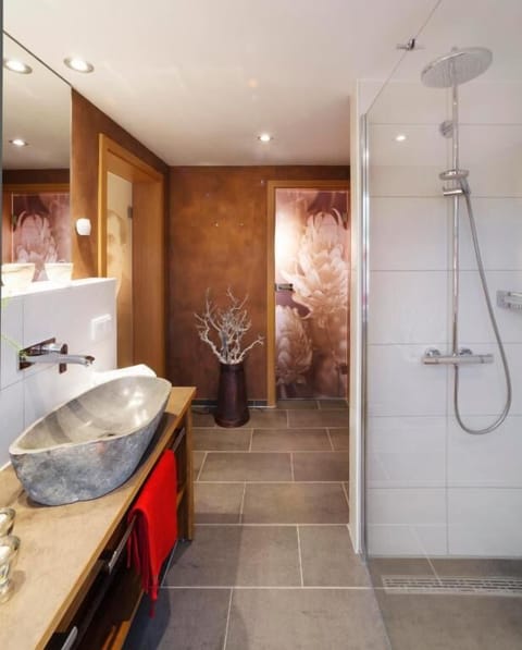 Shower, rainfall showerhead, free toiletries, hair dryer