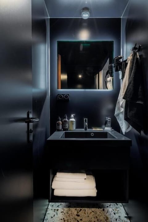 Shower, hair dryer, towels, toilet paper