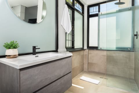 Deluxe Studio | Bathroom | Shower, hair dryer, towels