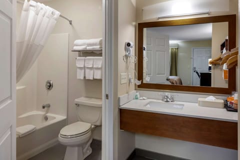 Combined shower/tub, free toiletries, hair dryer, towels