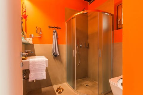 Shower, rainfall showerhead, free toiletries, hair dryer