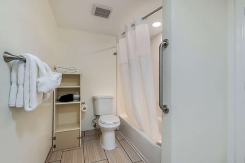 Combined shower/tub, free toiletries, hair dryer, towels