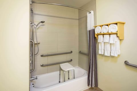 Combined shower/tub, free toiletries, hair dryer, towels