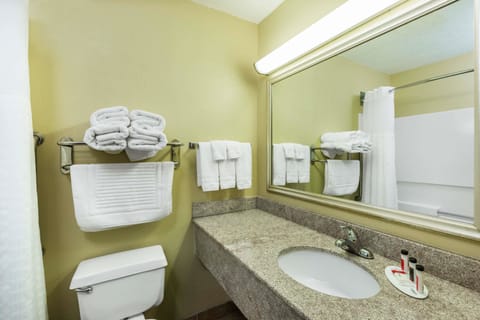 Combined shower/tub, free toiletries, hair dryer, towels