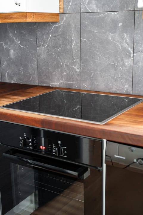 Deluxe Apartment | Private kitchen | Full-size fridge, microwave, oven, stovetop