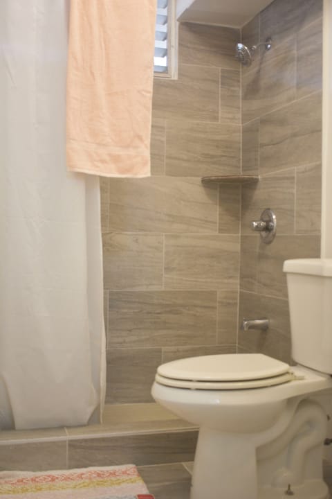 Combined shower/tub, towels, toilet paper