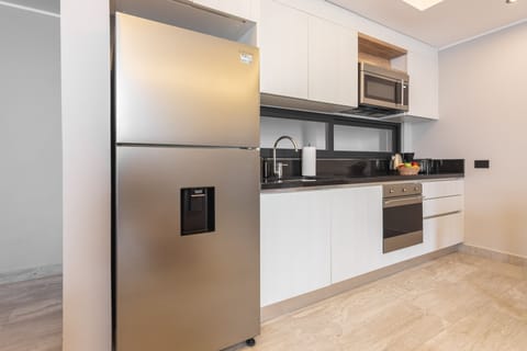 Apartment (102) | Private kitchen | Full-size fridge, microwave, oven, stovetop