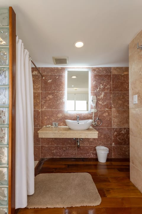 Premium Apartment | Bathroom | Shower, rainfall showerhead, hair dryer, towels