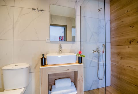 Premium Studio | Bathroom | Shower, rainfall showerhead, hair dryer, slippers