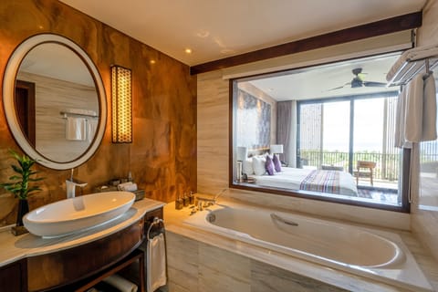 Suite, Sea View | Bathroom | Shower, designer toiletries, hair dryer, bathrobes