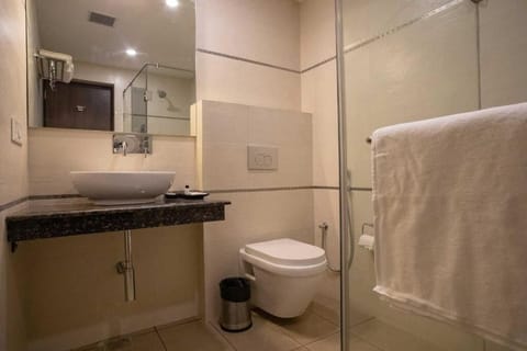 Deluxe Studio | Bathroom | Shower, hydromassage showerhead, designer toiletries, towels