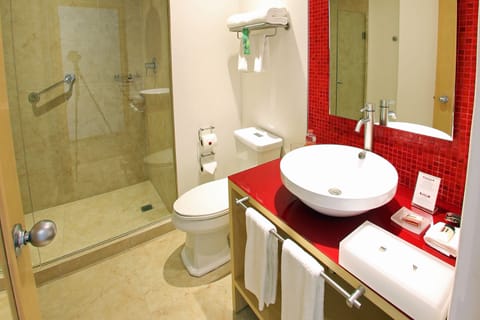 Shower, eco-friendly toiletries, hair dryer, towels