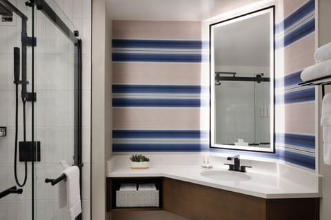 Combined shower/tub, free toiletries, hair dryer, towels