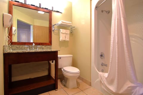 Combined shower/tub, free toiletries, hair dryer, towels