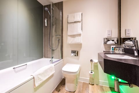 Hair dryer, towels, soap, shampoo