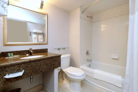 Combined shower/tub, free toiletries, hair dryer, towels