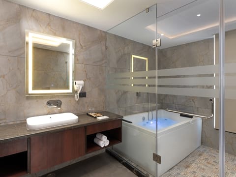 Family Room | Bathroom | Shower, rainfall showerhead, hair dryer, bathrobes