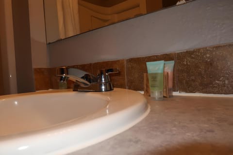 Combined shower/tub, free toiletries, hair dryer, towels