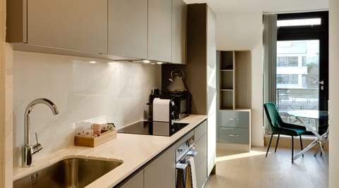 Deluxe Studio | Private kitchen | Full-size fridge, microwave, oven, stovetop