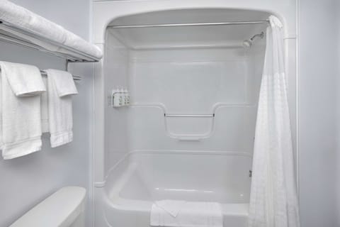 Combined shower/tub, free toiletries, hair dryer, towels