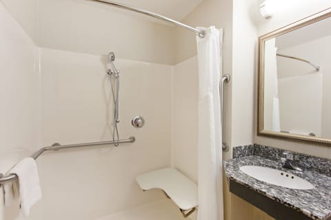 Combined shower/tub, free toiletries, hair dryer, towels