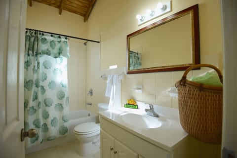 Combined shower/tub, deep soaking tub, free toiletries, towels